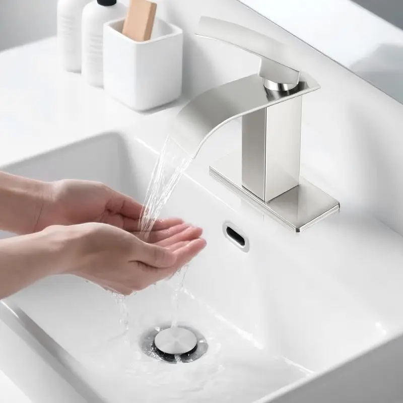 

Brushed Nickel Waterfall Bathroom Faucet Single Handle Solid Brass Vessel Sink Faucet Modern Square Basin Mixer Tap