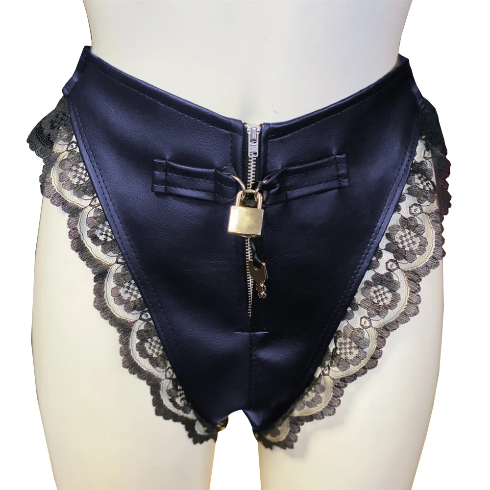 سراويل داخلية قابلة للقفل سيسي للجنسين بسحاب كلسون أسود من الدانتيل مُزين بقطع القماش من جلد البولي يوريثان ملابس تحتية للرقص مقاس كبير
