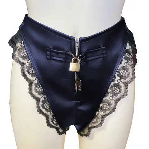 Lockable Panties Sissy Unisex Zipper Knickers Black Lace Patchwork Briefs PU Leather Pole Dancing Underpants Plus Size Panties