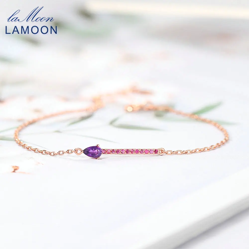 LAMOON 925 srebrna elegancka bransoletka dla kobiet kropla wody naturalny ametyst kamień 18K różowe pozłacane Fine Jewelry LMHI049