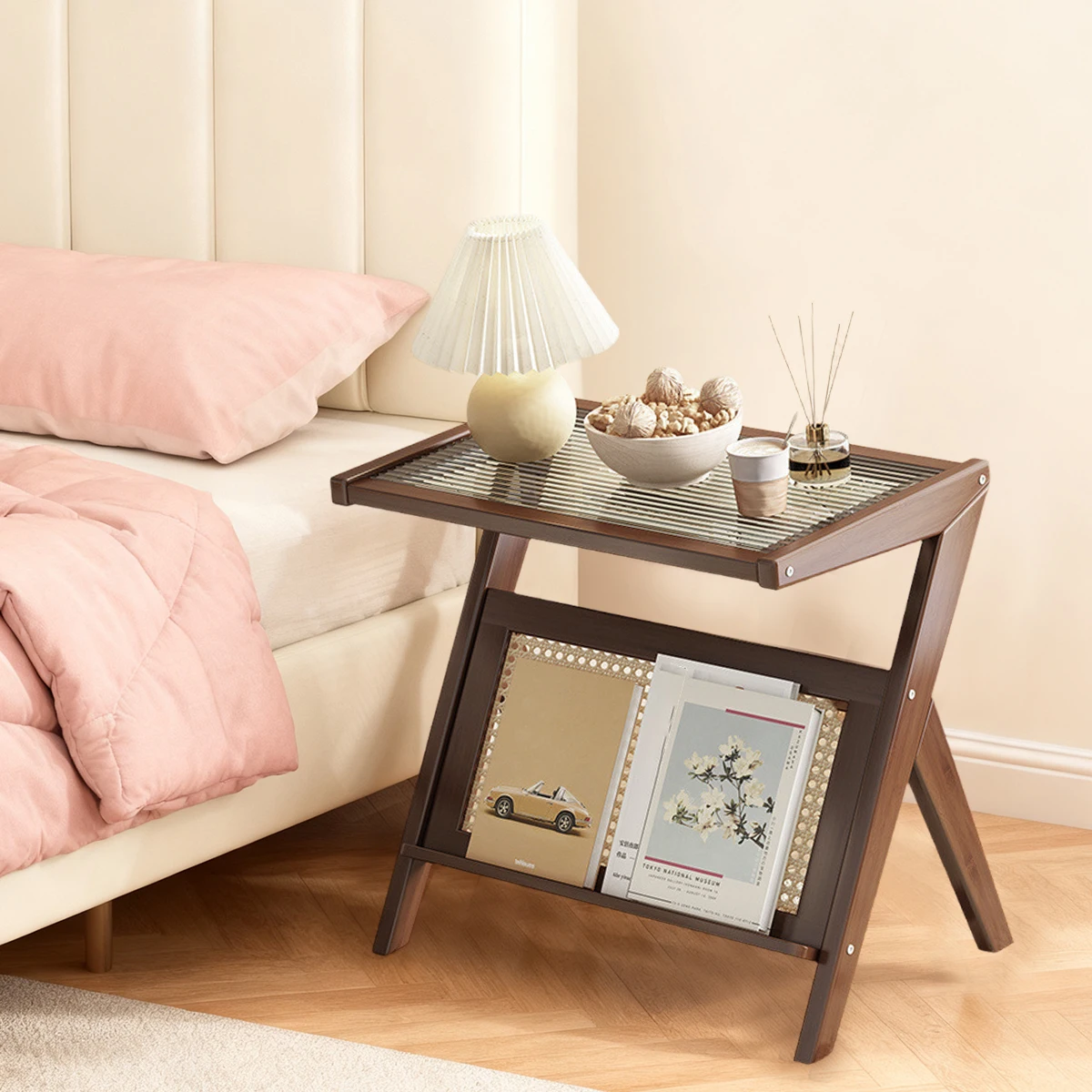 Tavolino da caffè in acrilico lato/tavolo portaoggetti in bambù rattan Boho Mid-Century, supporto per giradischi, piccoli spazi