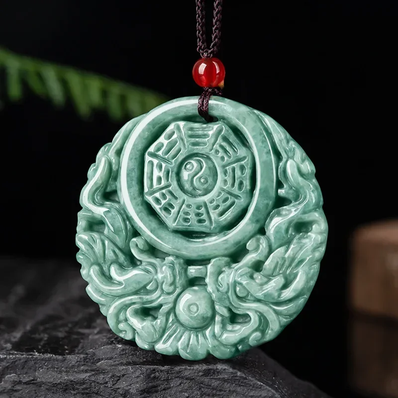 A-grade Emerald Green Jade Pendant Handcarved Hollow Double Dragon Tai Chi Bagua Ancient Brand Men's Women's Necklace Jewelry