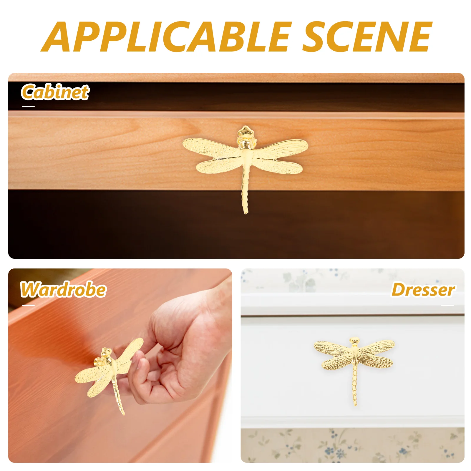 2 Pcs Dresser Brass Dragonfly Ornament Cabinet Handles Knobs Wardrobe Closet Door Golden