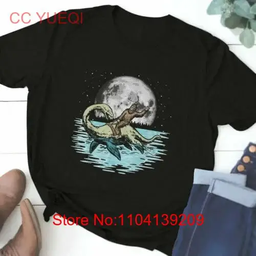 Funny Bigfoot Riding Nessie Loch Ness Monster Full Moon T Shirt long or short sleeves