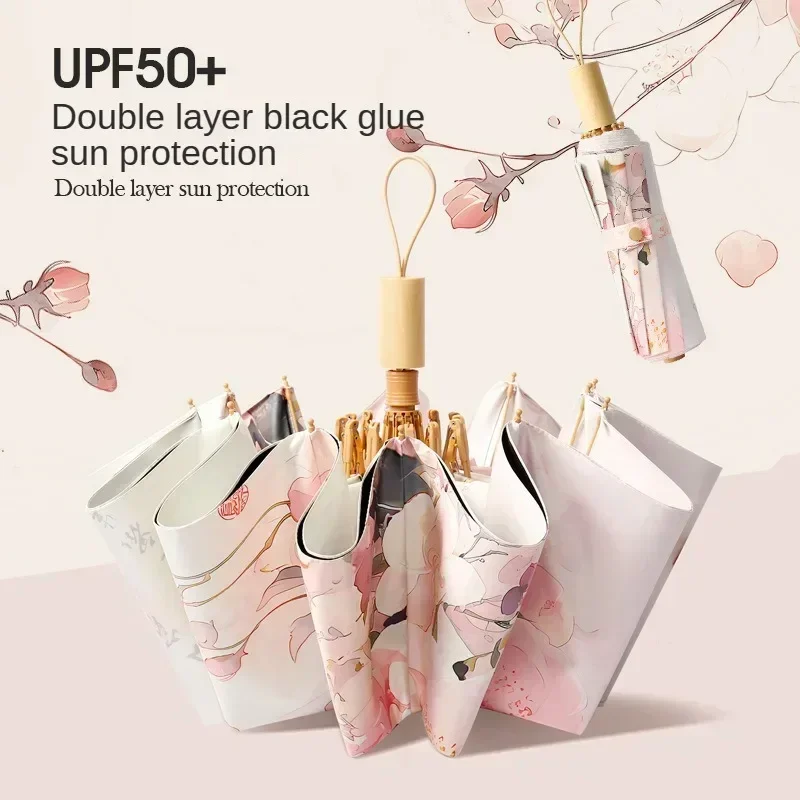 Double Layer UPF50+ Sun UV Protection Umbrella for Women, Flower Paint Windproof Sunproof Waterproof Folding Sunny Rainy Parasol