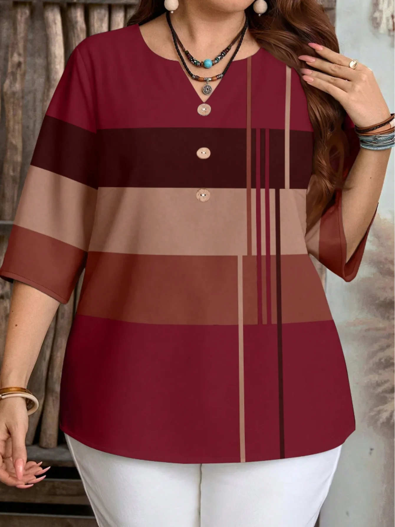Plus-Size Damen Color-Block Minimalistisches Casual Kurzarm-Shirt Gestreiftes Halbarm-Oberteil Geeignet für Sommer und Herbst – Detail 4