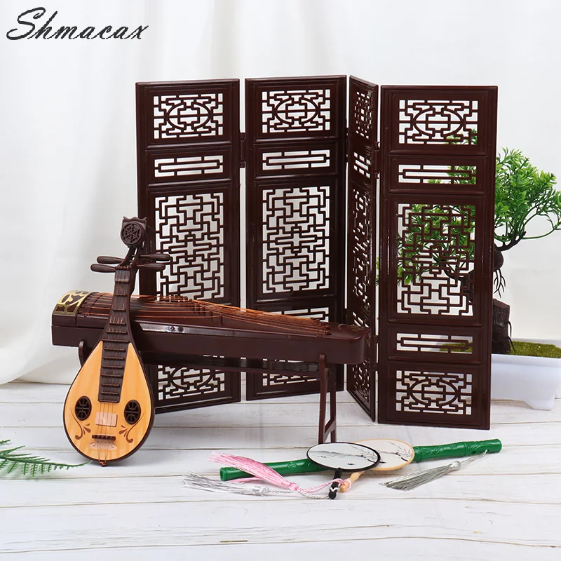 Dollhouse Miniature Folding Screen Flute Lute Guzheng Fan Life Scene Ornament