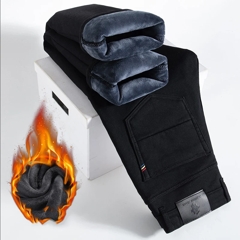 

Winter Men's Slim Loose Straight Elastic Denim Pants Casual Clothing Fashion Plush Thickening Trousers Fleece Thick Warm Jeans