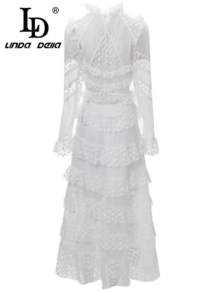 LD LINDA DELLA Italian Luxury Skirts Sets Women\'s White Embossed hollow Single-breasted Top+Cascading Ruffle Skirts 2 Pieces Set