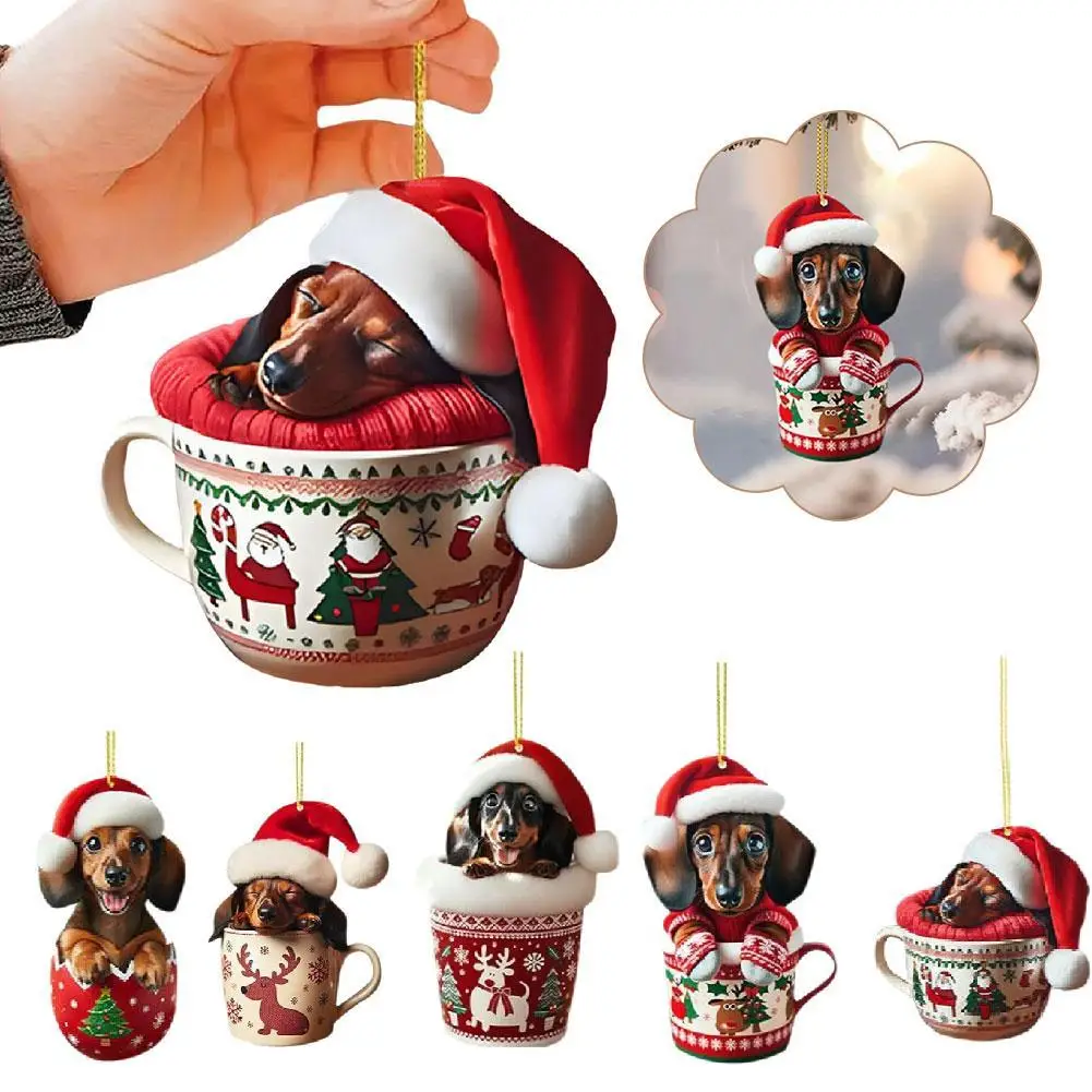 5PCS Cartoon Dachshund Dog Christmas Ornaments Cute Dog Hanging Decoration Xmas Tree Graphic Design Pendant Home Car Decor