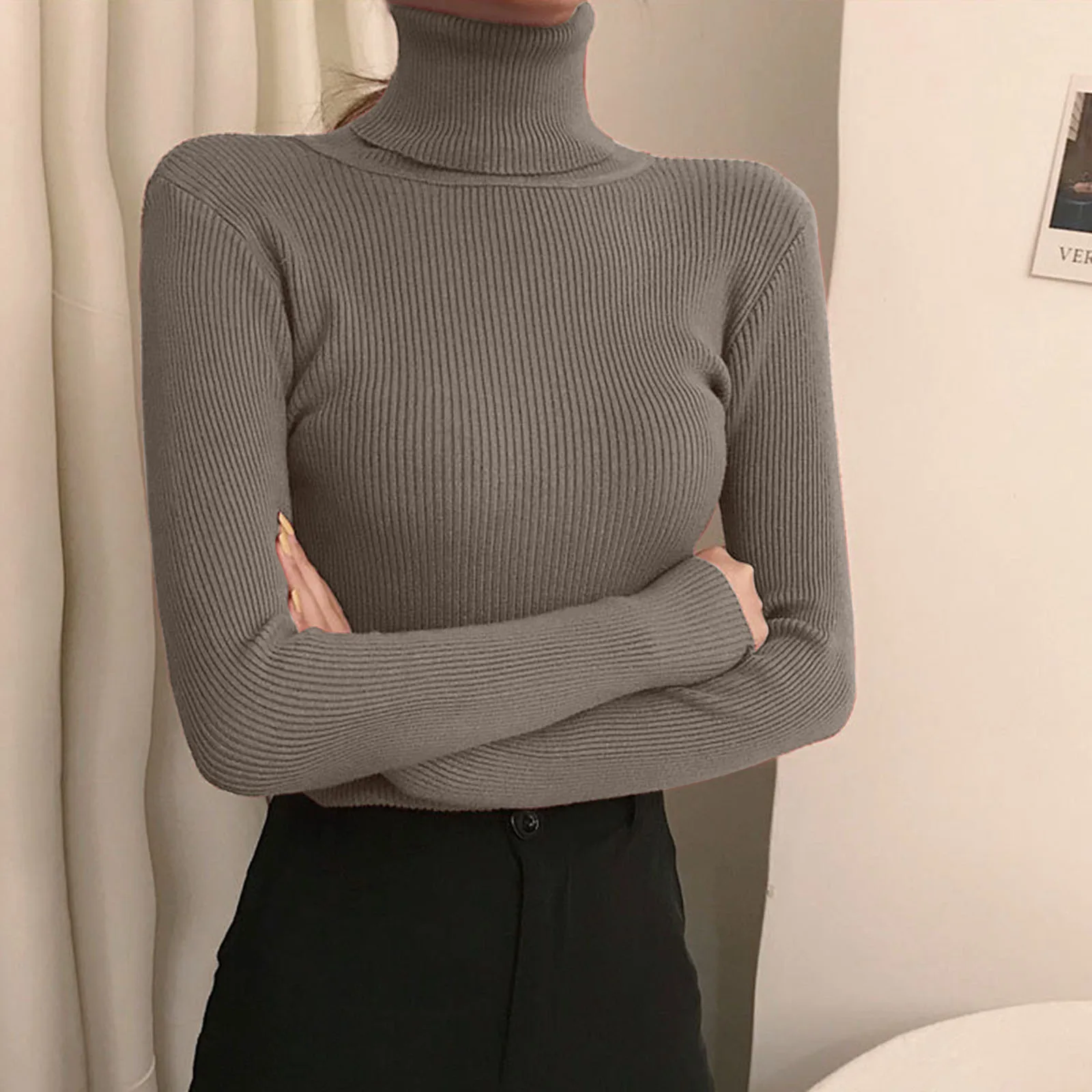 Womens Fashion Turtleneck Long Sleeved Knitted Bottoms Blouses Autumn Winter 2024 Tight Knit Sweater Slim Korean Style Knitwear