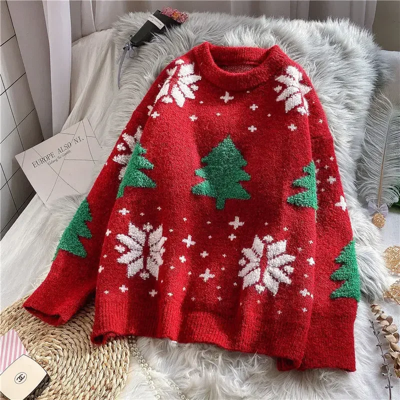 Red Christmas Snowflake Sweater Pullover Women Winter New Thicken Casual Soft Loose O Neck Long Sleeves Knitted Tops Sweaters