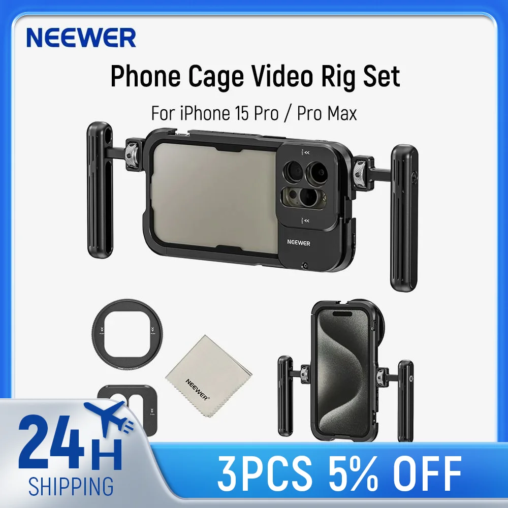 Klatka na telefon NEEWER z podwójnymi uchwytami do iPhone\'a 15 Pro/Pro Max Rig Aluminiowy stabilizator obudowy do nagrywania filmów wideo