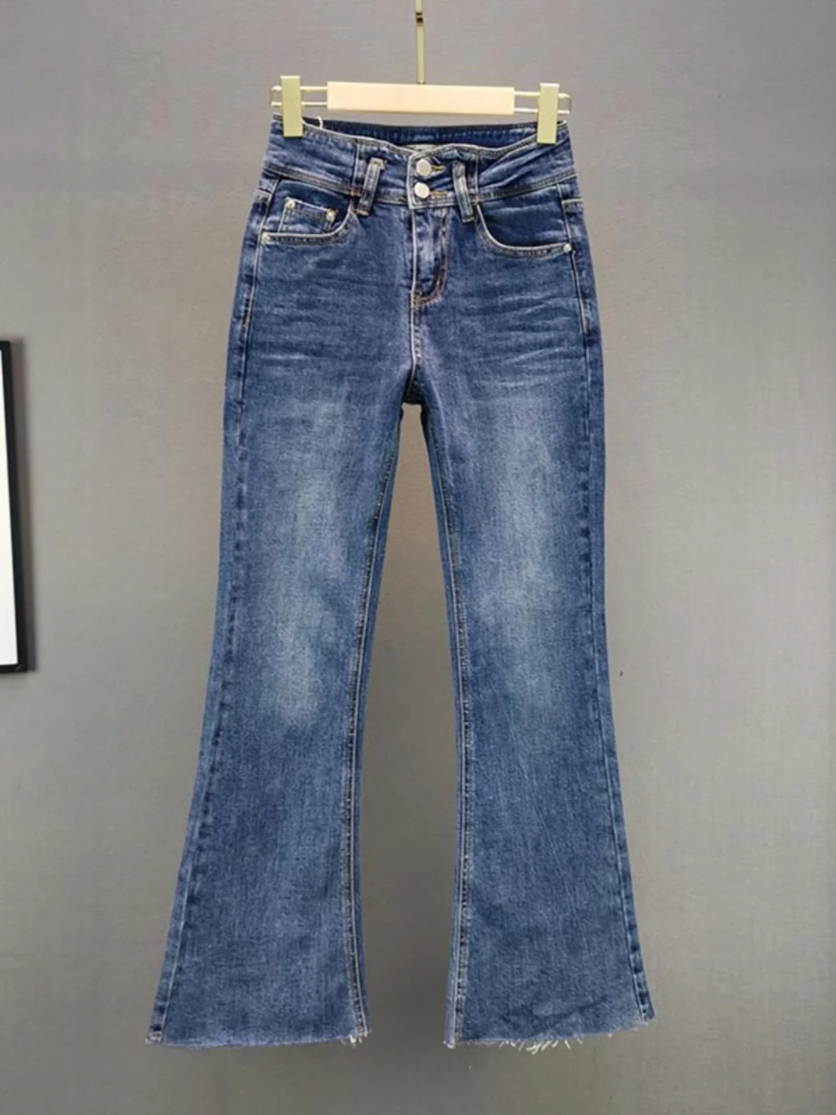 

Deep Blue Bell Bot Jeans Women's Trendy Cotton Stretch High Waist Slimming Micro Flared Long Trousers European Sle Waed