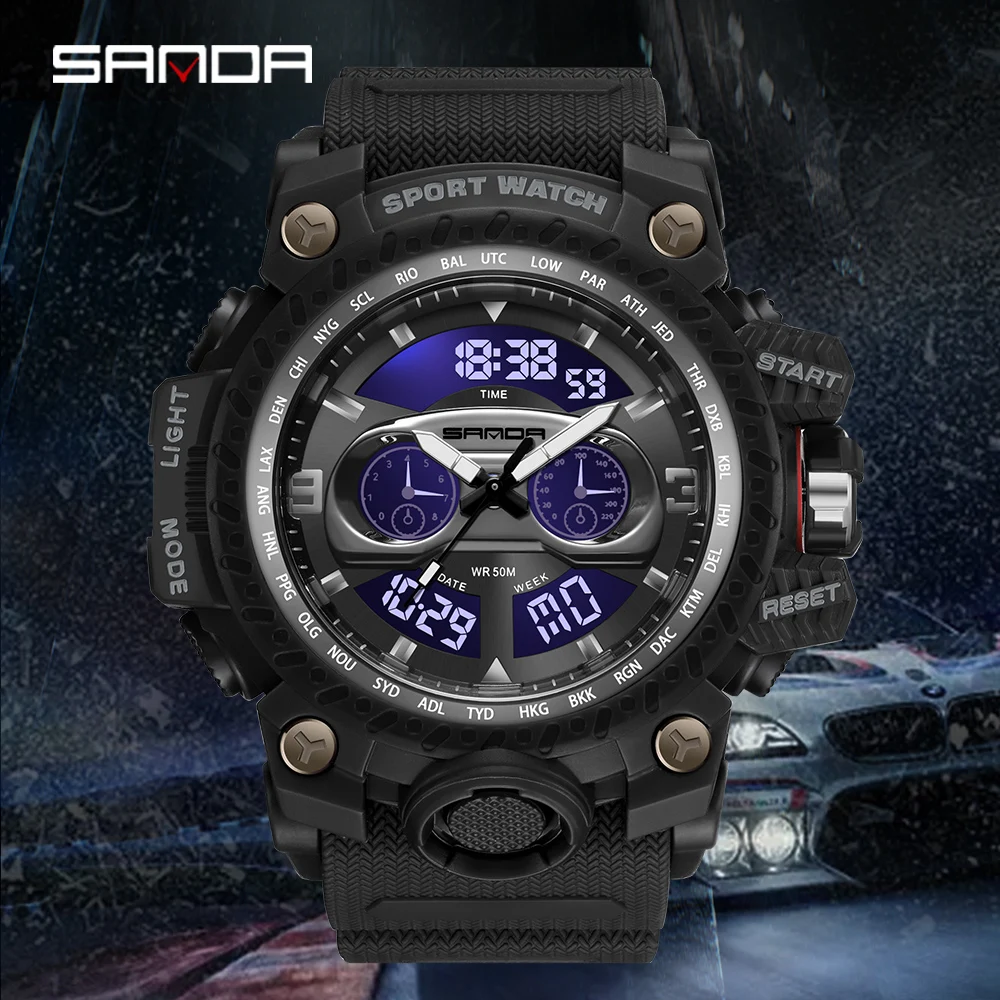 SANDA 3153 Men\'s Watches Sports Military Quartz Watch 50M Waterproof Dual Display Digital Wristwatch For Male Relogio Masculino