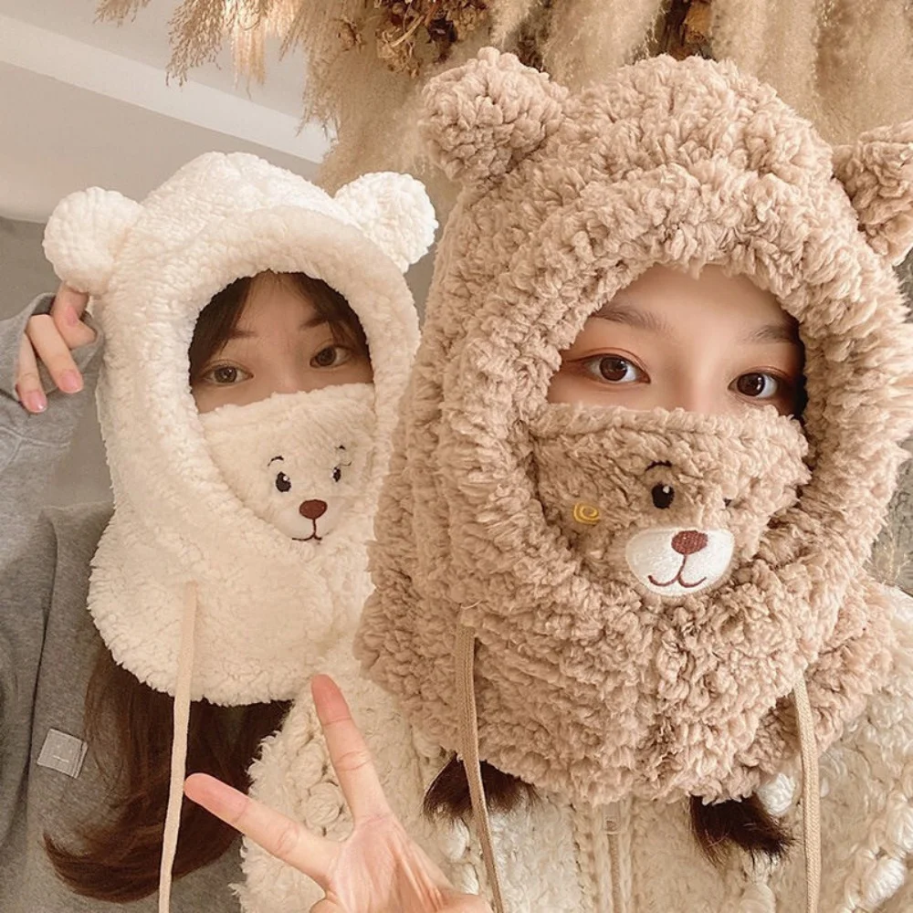 Winter Cartoon Little Bear Plush Hat With Mask Lamb Beanie Hats Warm Thicken Ear Protection Woolen Cap for Women Girl Scarf Hat