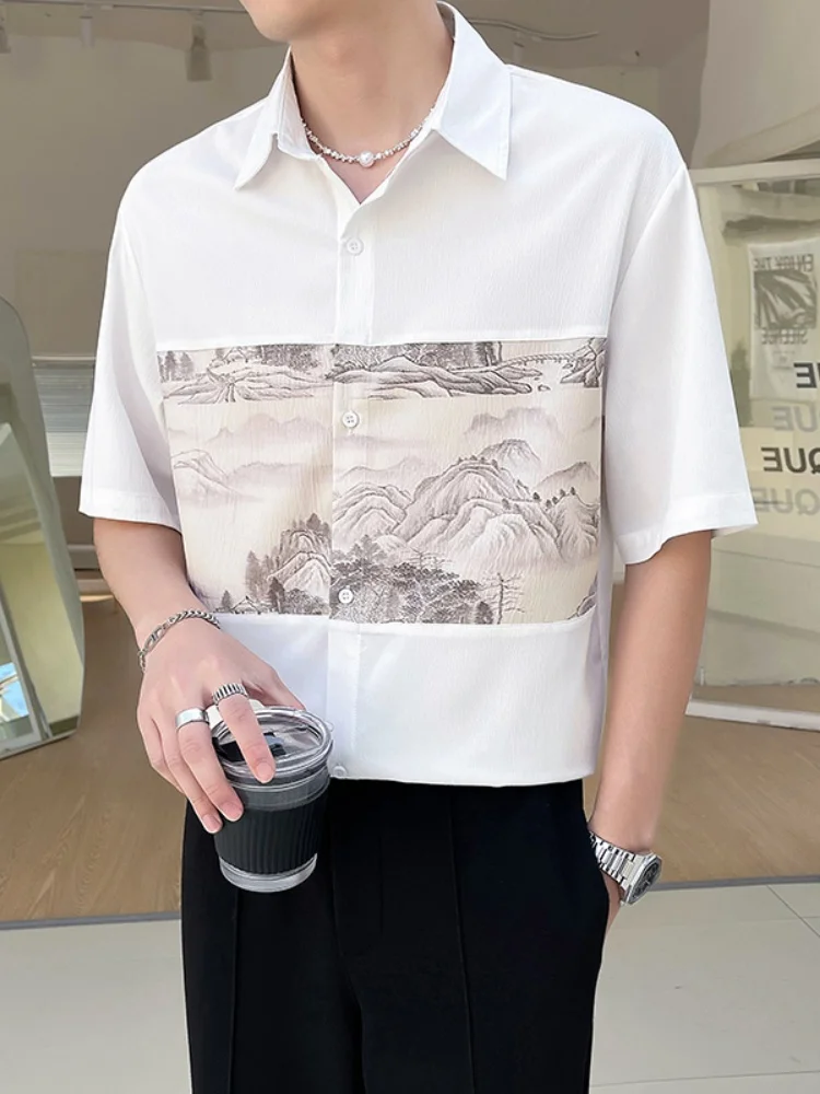 

New Chinese Sle Men's irt Thin ort Sve Printed Design Summer Cool Feeling Loose Fit Youth Faion Casual irt
