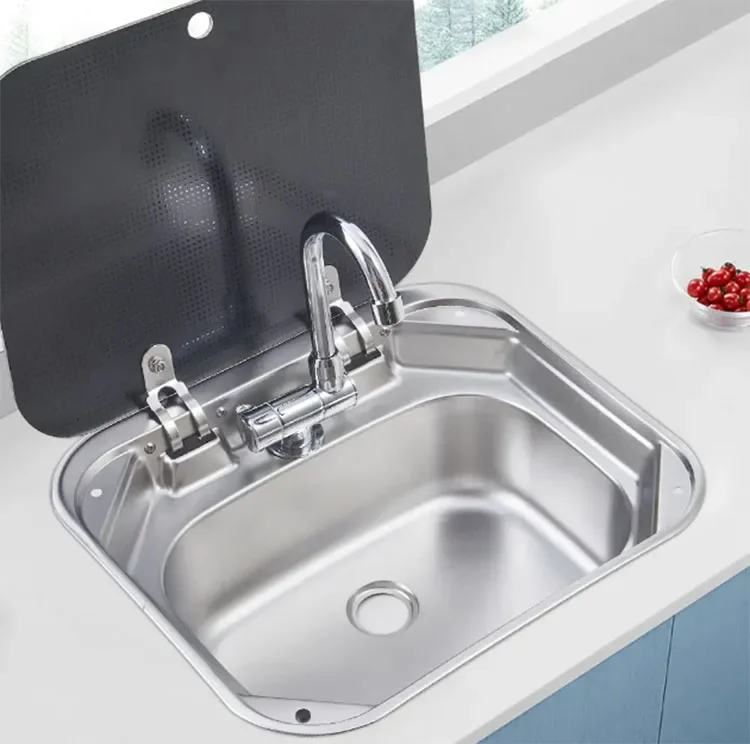 Motorhome Dishwashing Basin Sink of RV Travel Trailer with Lid & Adjustable Faucet for Campervan Motorhome SS304 Sink Basin