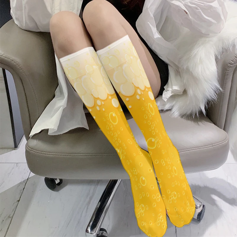 Funny Beer 3D Printing Calf Socks Thin Summer Knee Elastic Nylon Stockings High Quality Beer Bubble Cosplay Girl Knee High Socks