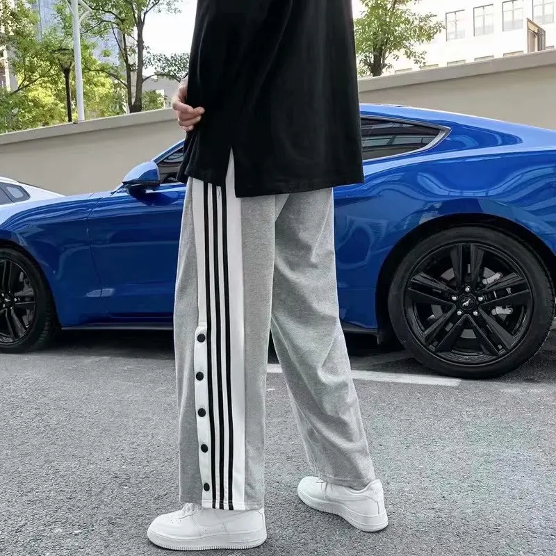 2024 Spring Casual Men Half Breasted Buckle Korean Contrasting Colors Trend Long Pants Motion Large Size Loose Wide Leg Pants