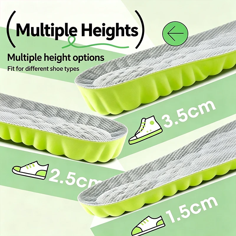 1Pair Height Increase Insoles Breathable Anti-Odor Insole Shock Absorbing Shoe Sole Soft Comfortable Sports Insole Air Insole