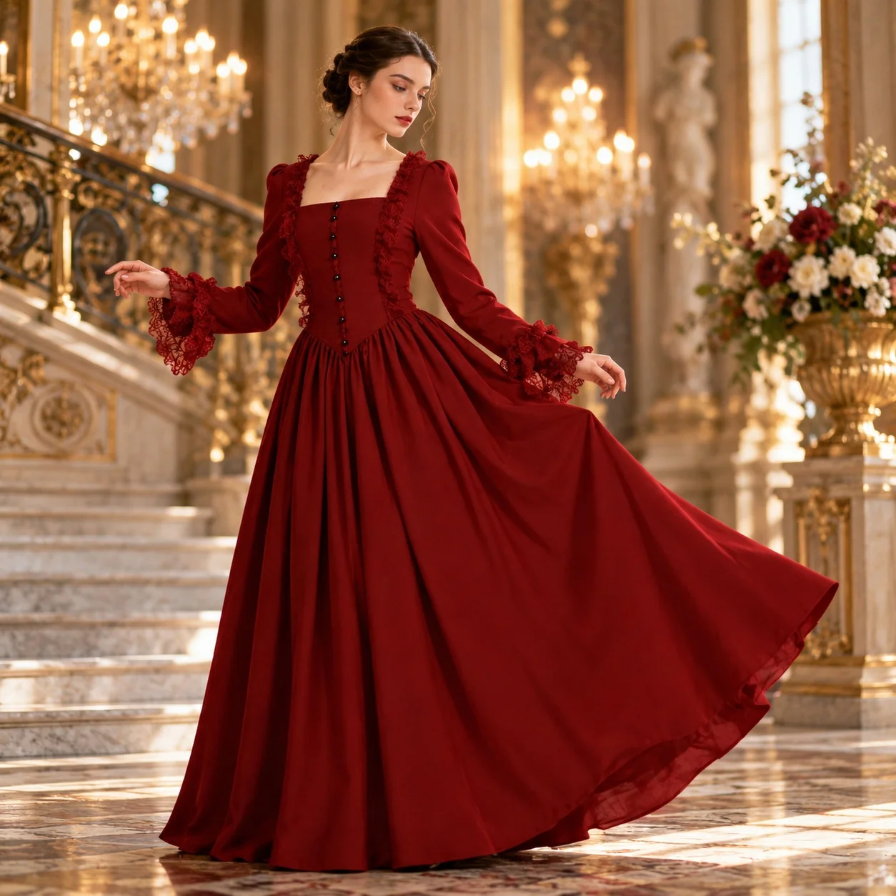 Long Sleeve Square Neckline Dress with Corset Waist a Line Medieval Fantasy Theme Pleated Dress for Women Stage Performance