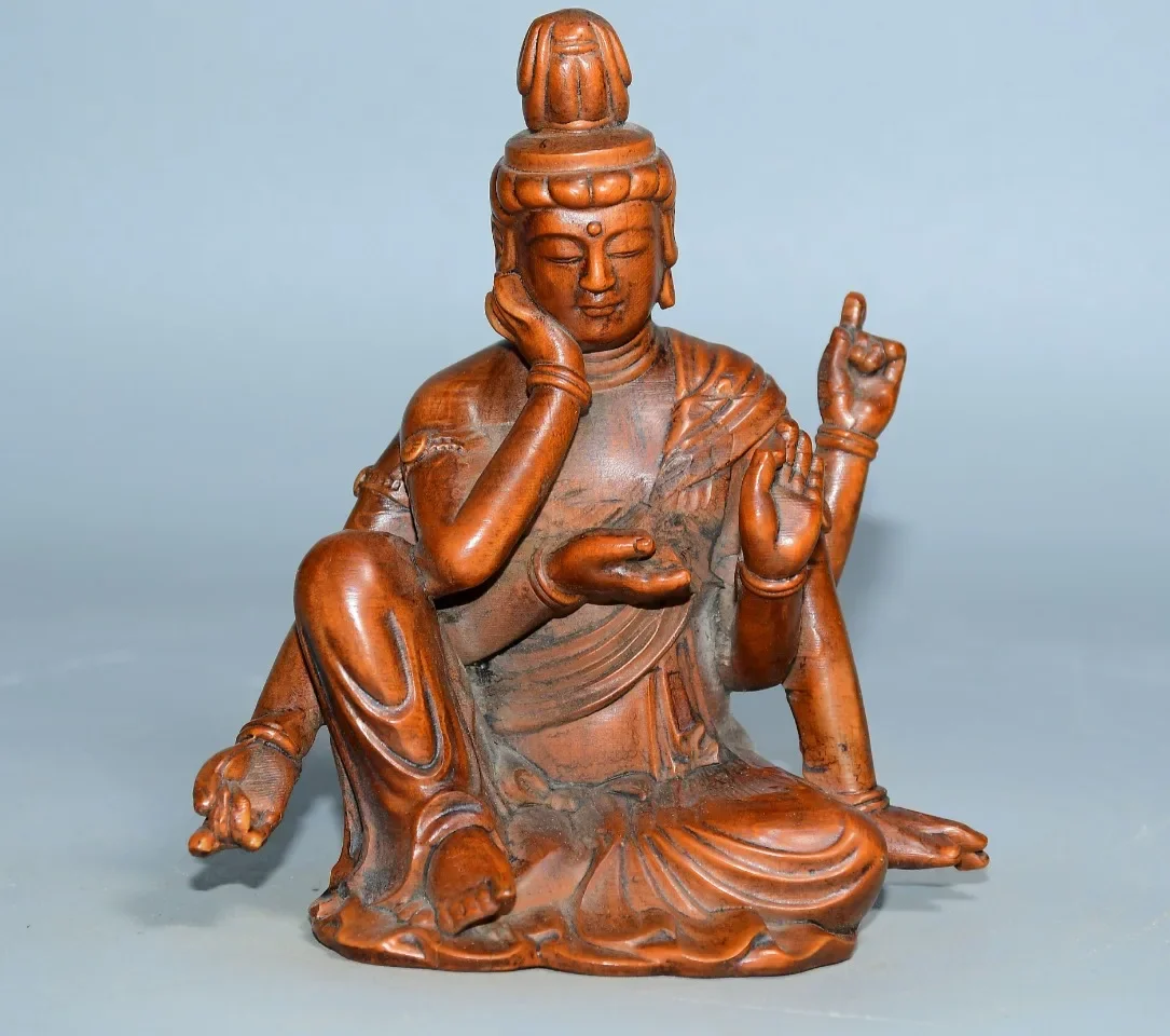 

5"Tibetan Temple Collection Old Boxwood Six armed Guanyin sitting Buddha Worship Hall Town house Exorcism