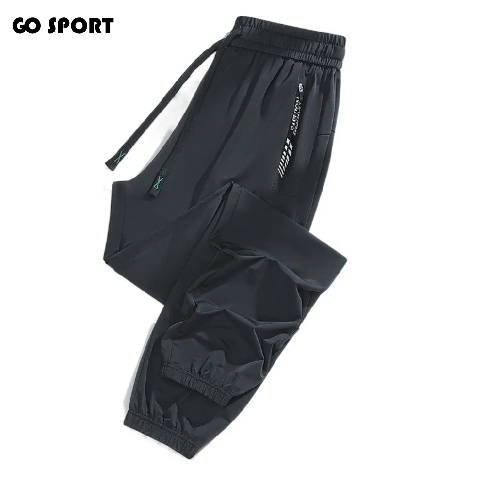 ジム用アイスシルクスポーツパンツ-ジップポケット付き-ルーズフィット-ランニングパンツ-ストレッチ-ロングフィットネスパンツ-ランニング用