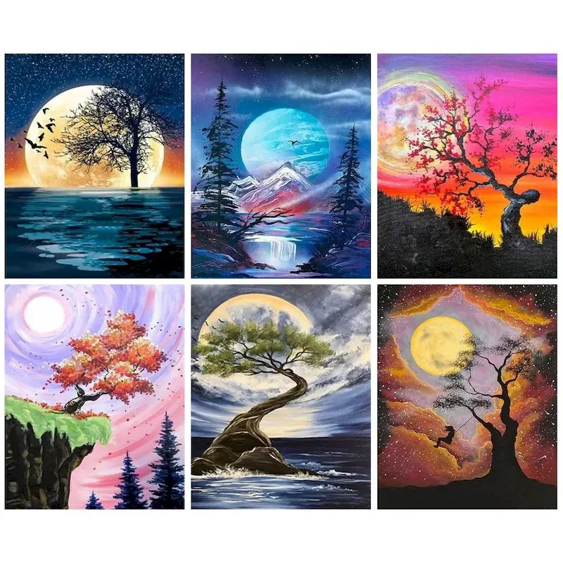 

CHENISTORY Painting By Number Moon And Tree Drawing On Canvas Handpainted Art Gift Diy Pictures By Numberkits Home Decoration