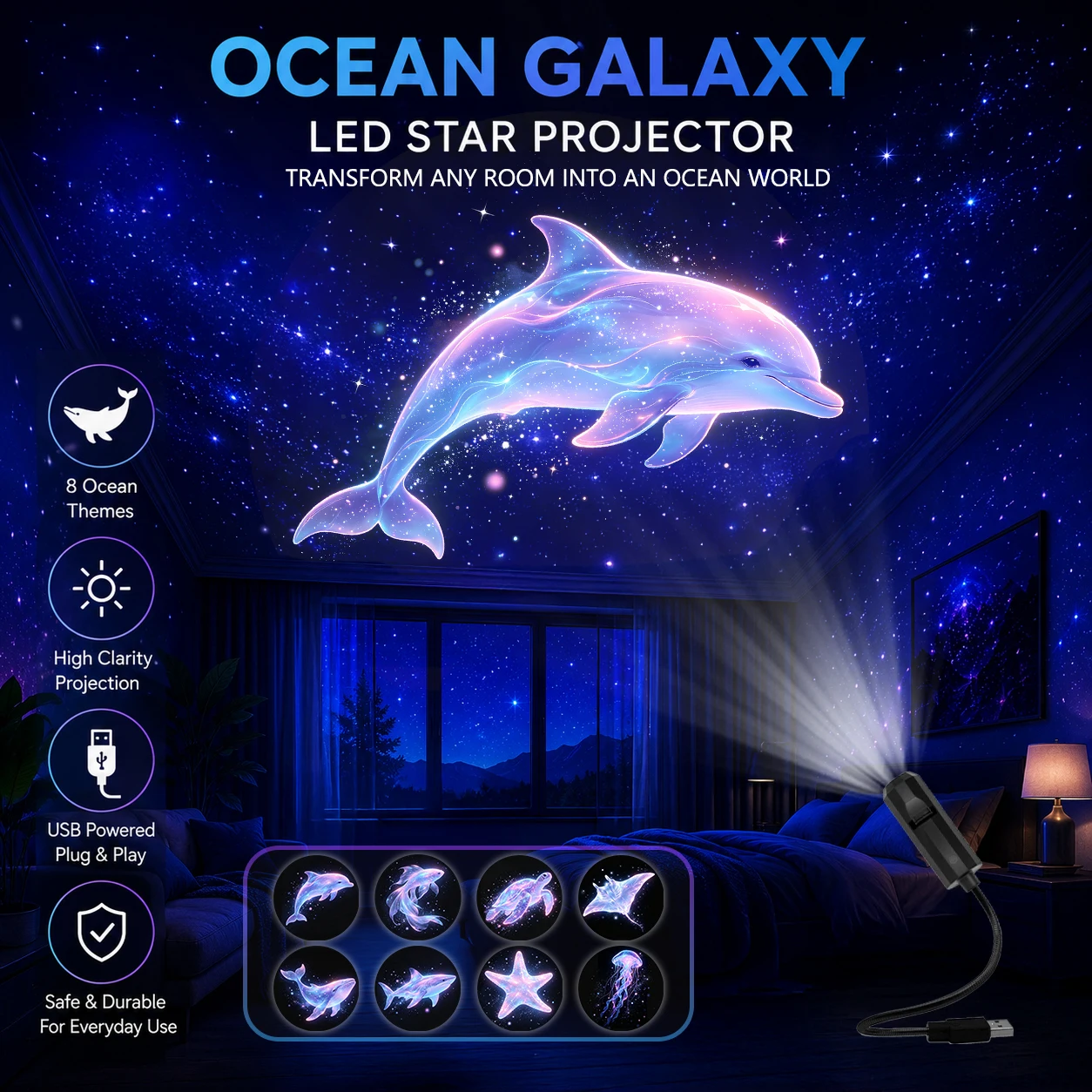 Ocean-Themed Projection Lights with Eight Marine Creature Pa