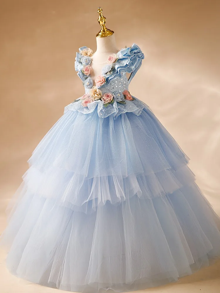 Fashion Ball Gown 3D Flowers Baby Flowers Girl Dresses Tulle Princess Children Wedding Birthday Prom Party Gowns