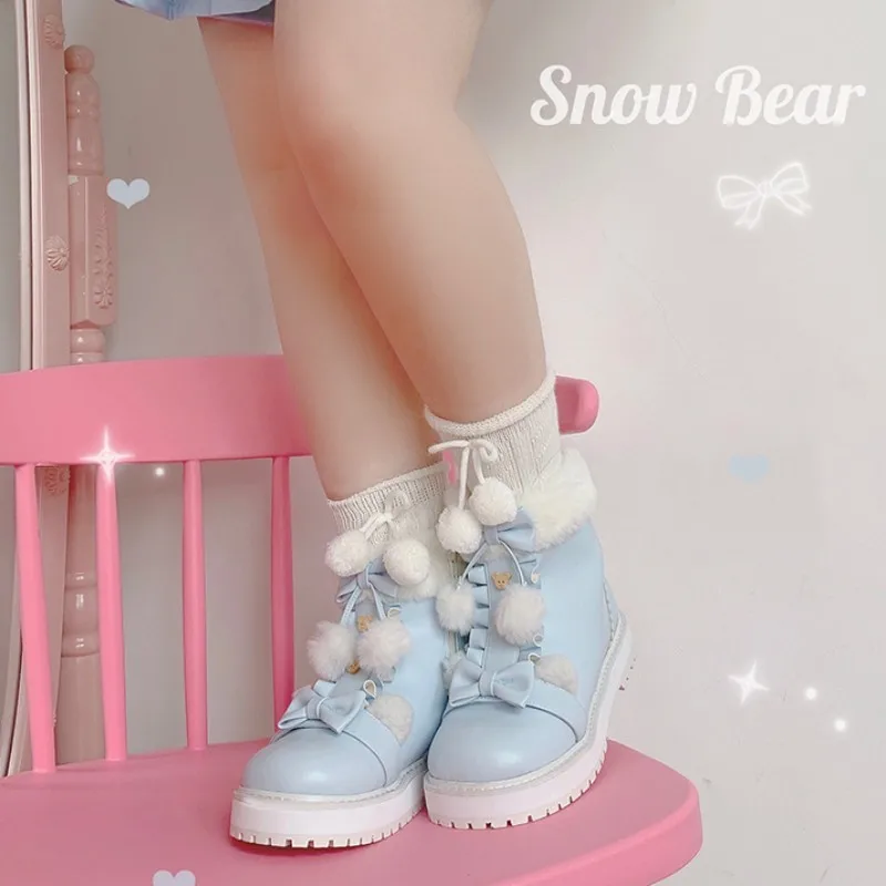 Winter Warm Lolita Boots Japanese Fluffy Round Toe Kawaii Cosplay Shoes Women Shoes Lolita Ankle Boots Loli Boot PU Leather