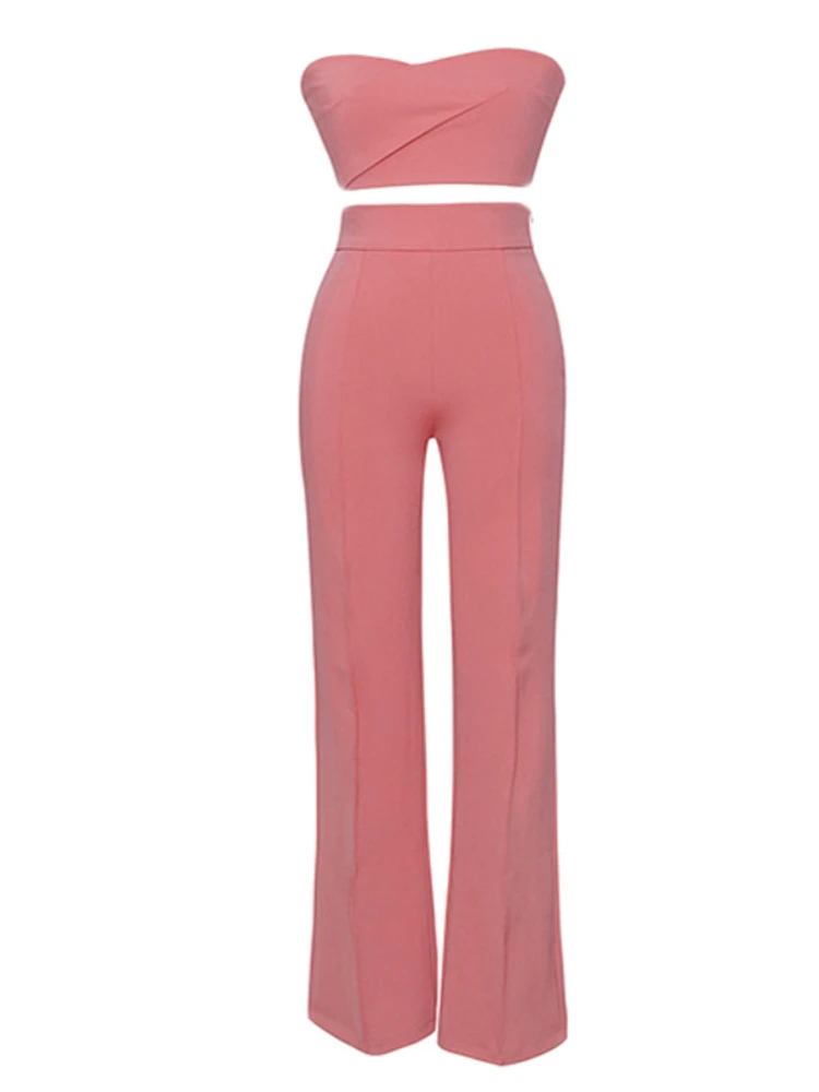 

2023 Sexy Pink Two Piece Set Stretch Crepe Pant Suit High Waist Party Casual Loose Long Pants Bustier Top Women's Set