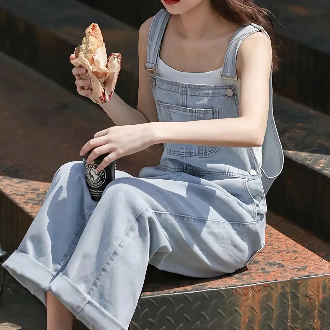 

Anti-Aging Denim Overalls Korean Sle Loose Straight Leg Pants Student Long Trousers Versatile Women's High Waist Jeans