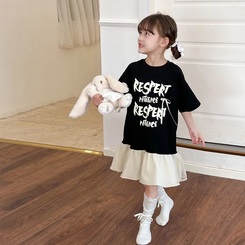 Vestido de manga corta con lazo juguetón para niñas, ropa de moda para niños, falda suelta de Color sólido con letras de estilo coreano, novedad de verano 2024