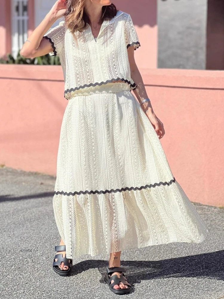 

Contrasting Colors Hollow Out Short Sleeved Top High Waist Skirt Women Comfort 2 Pcs Set Shirt Collar Lace Top Long Skirt Suit