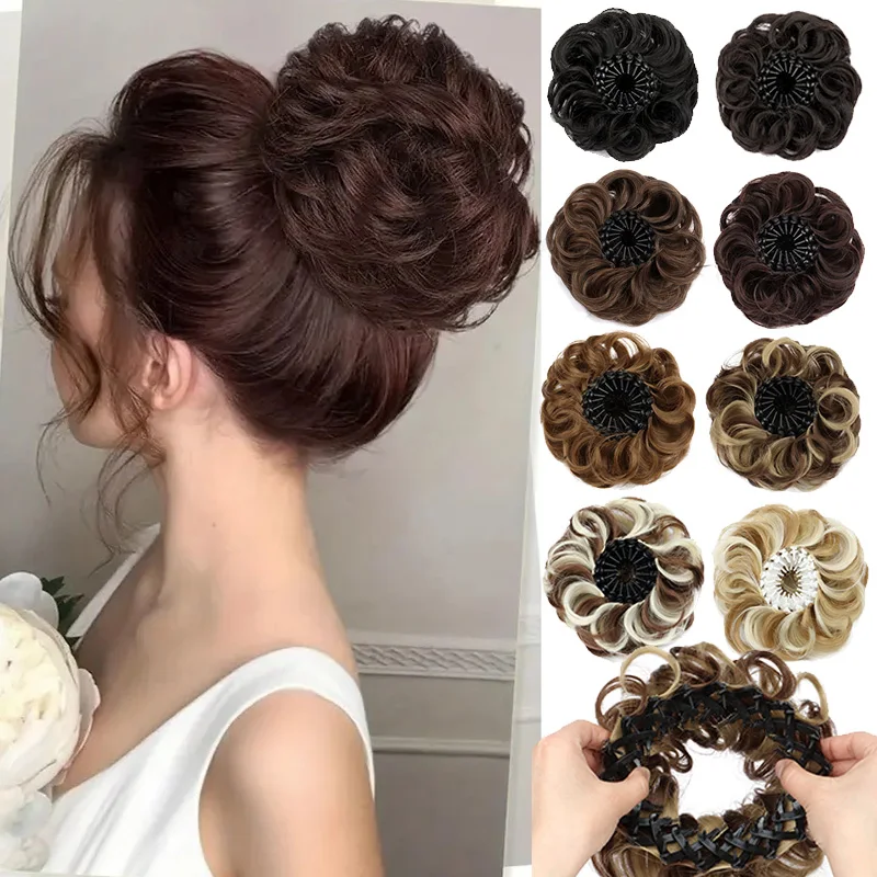 

Synthetic Messy Curly Donut Hair Bun Hair Extension Invisible Easy to Wear Black Brown Hairpiece for Women