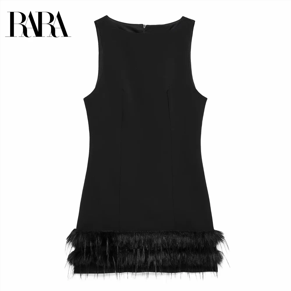 

2024 RARA elastic design feather decoration sleeveless slim black dress short skirt autumn and winter women's clothing