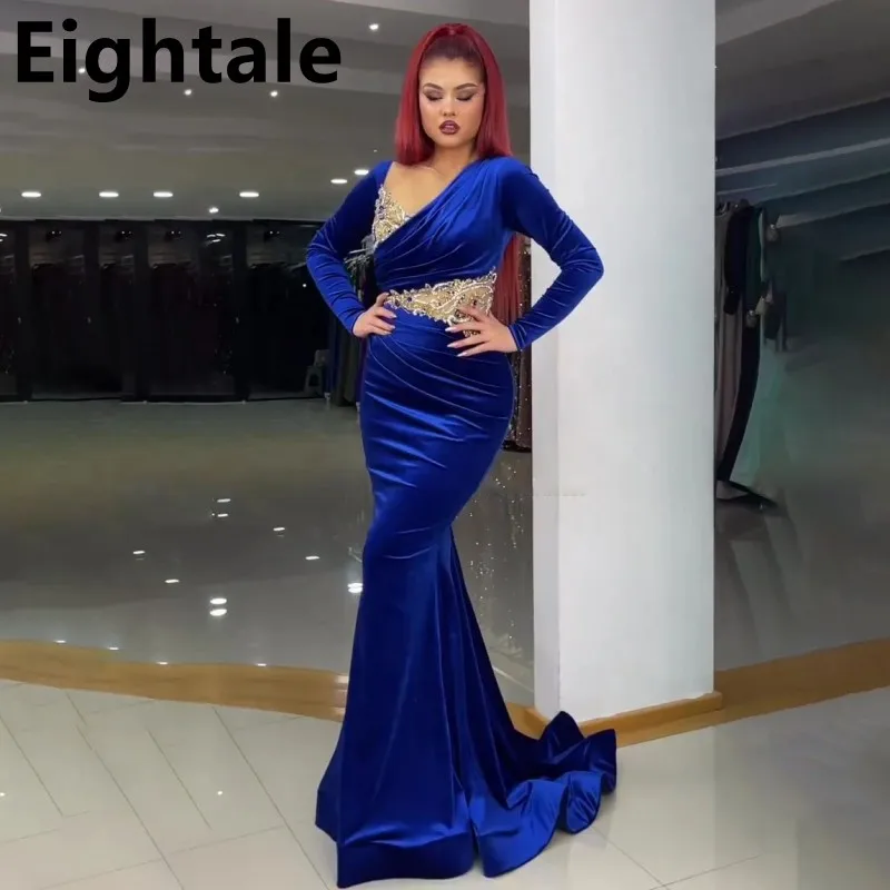 

Eightale 2023 Royal Blue Velour Mermaid Prom Dress Beaded Long Sleeve Evening Dress Women Formal Party Gown Robes De Soirée