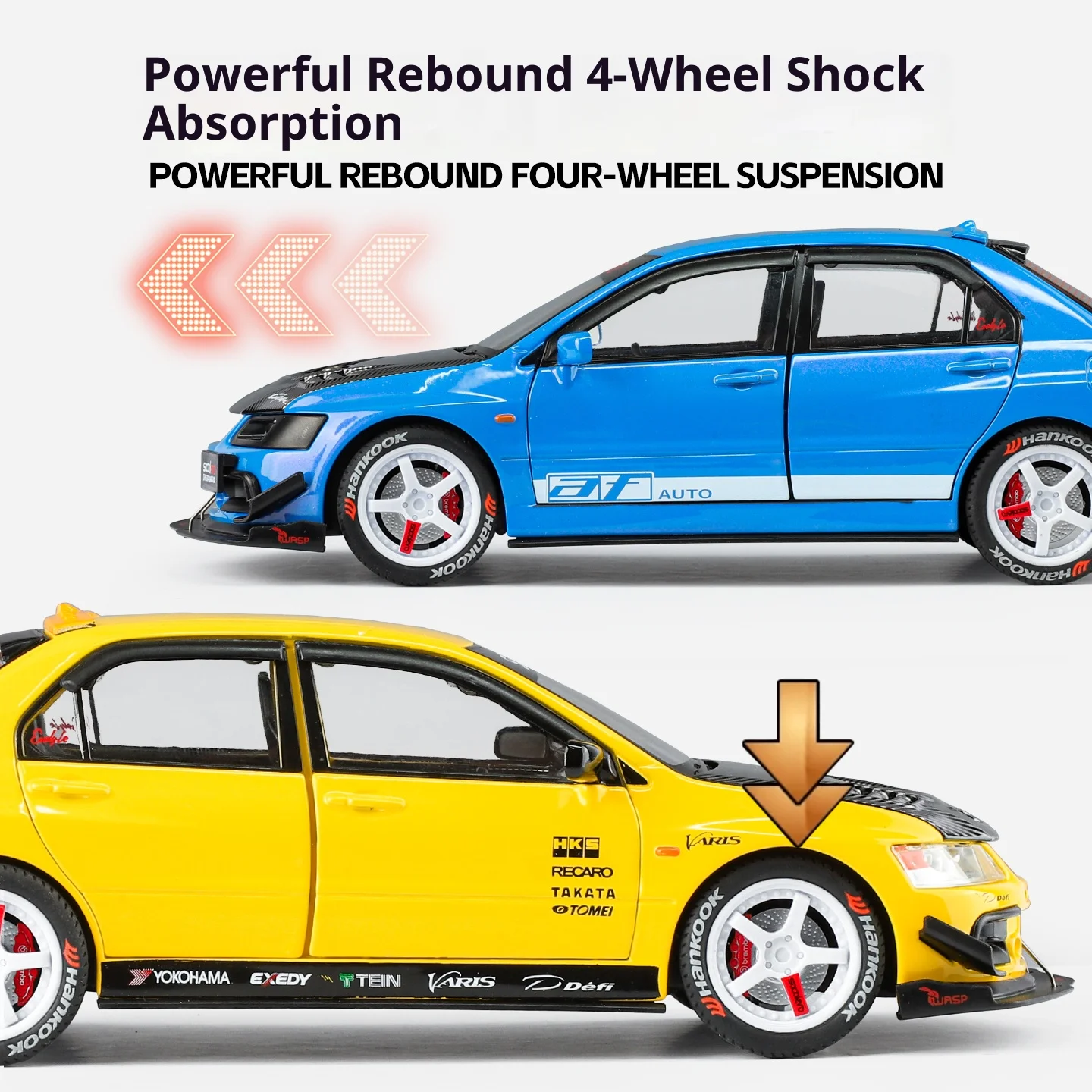 Model samochodu Mitsubishi EVO9 ze stopu metalu w skali 1/24, symulacja dźwięku i światła, amortyzacja kół, zabawka dla chłopca, prezent urodzinowy dla dzieci.