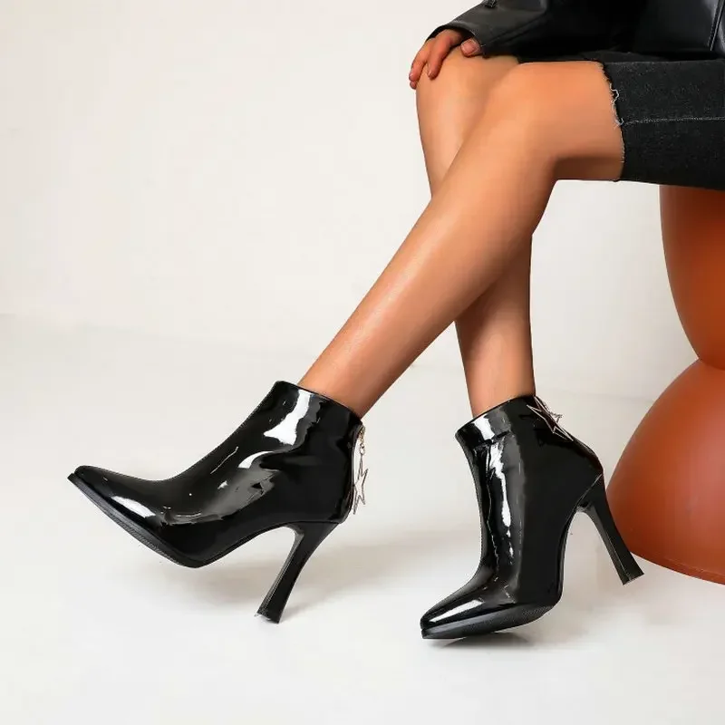 

Ankle Boots Women Autumn Winter 2025 Shoes Style High Heel Star Zip Glossy PU Footwear Size 34~50