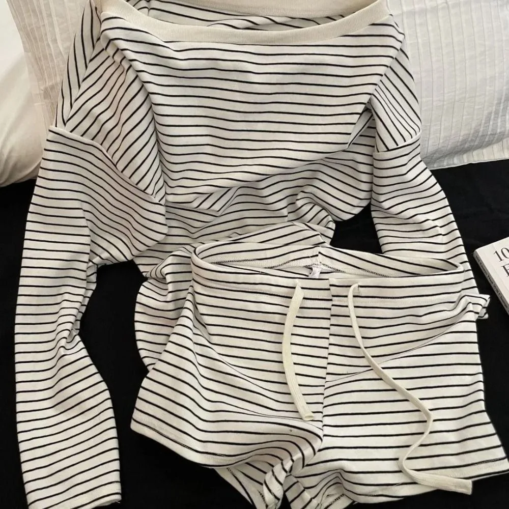 Comfortable Off Shoulder Long-Sleeved Pajamas Drawstring Waist Long Sleeve Pajamas Set Two Piece Striped Pajamas Daily Wear