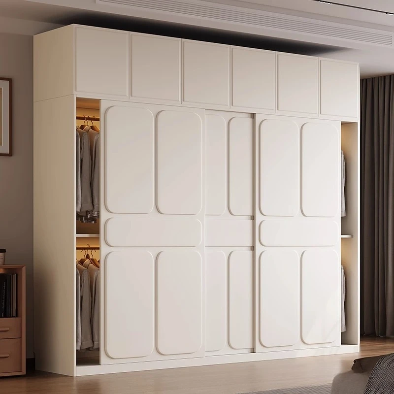 

French Cream Wind 2024 New Sliding Door Wardrobe Home Bedroom Simple Moving Door Wardrobe