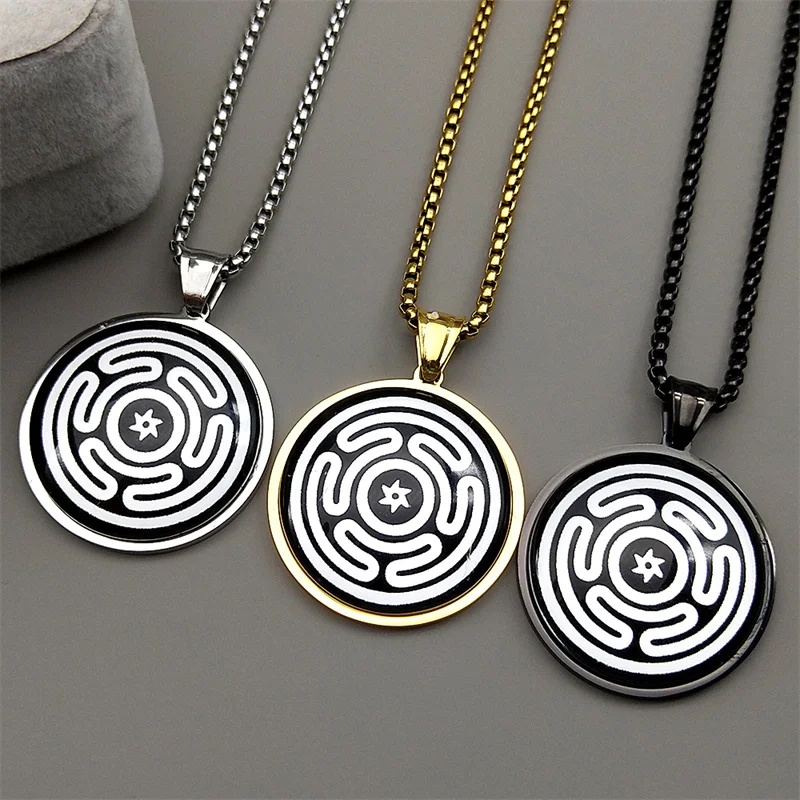 

Wicca Hekate Wheel Necklace Pendant Necklace for Women Men Stainless Steel Strophalos Hecate Magic Symbol Logo Greek Jewelry