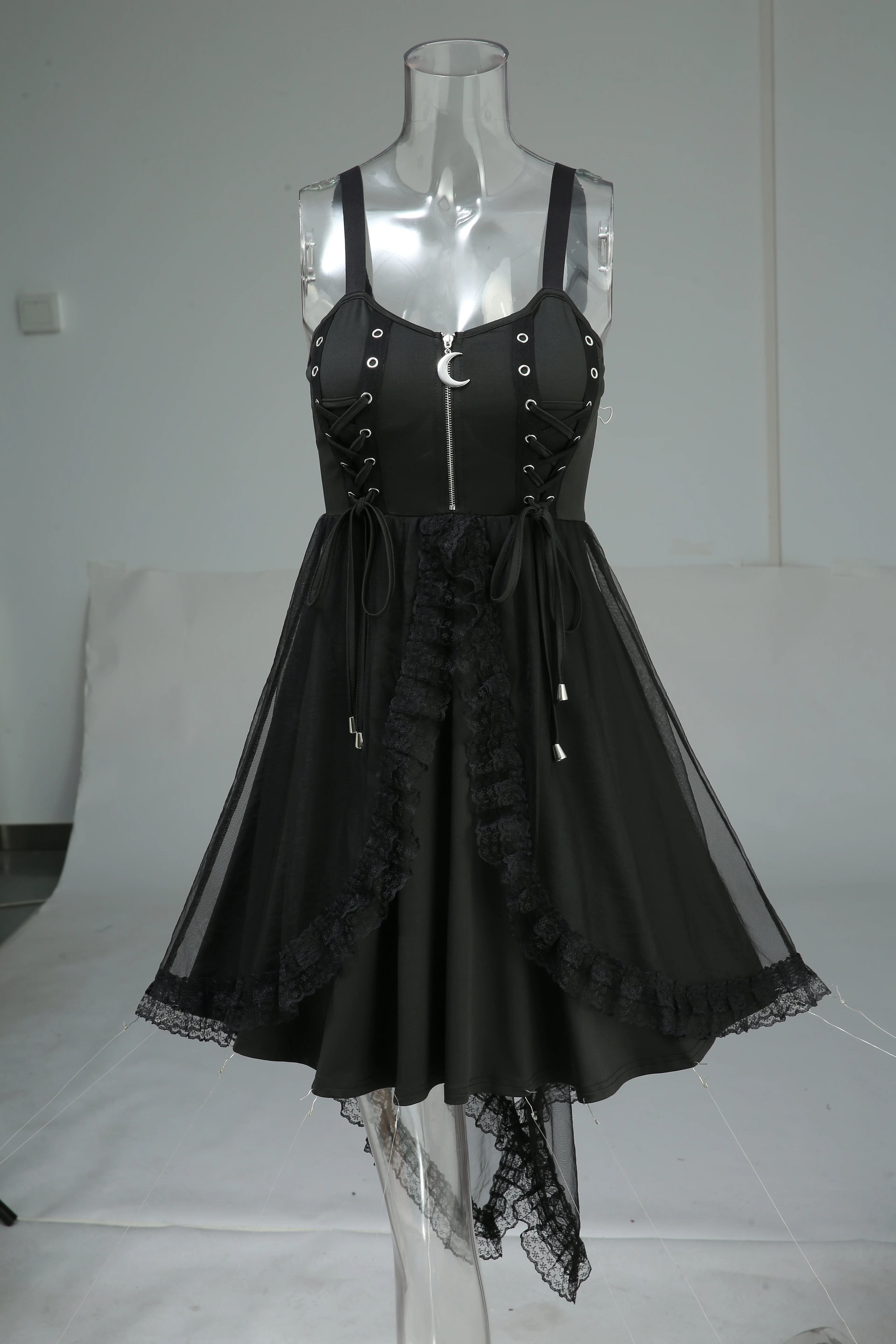 New Black Dresses Womens Spring Summer Lace-up Grommets Moon Zipper Floral Lace Trim Asymmetrical Hem Tank Dress Casual Vestidos