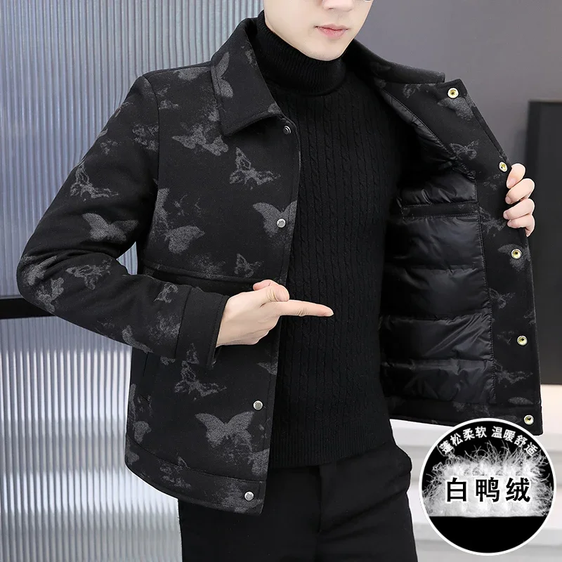 High Quality Winter Woolen Jacket for Men Korean Butterfly Print Short Windbreaker Coats Thick Warm Wool Blends Jackets M-4XL