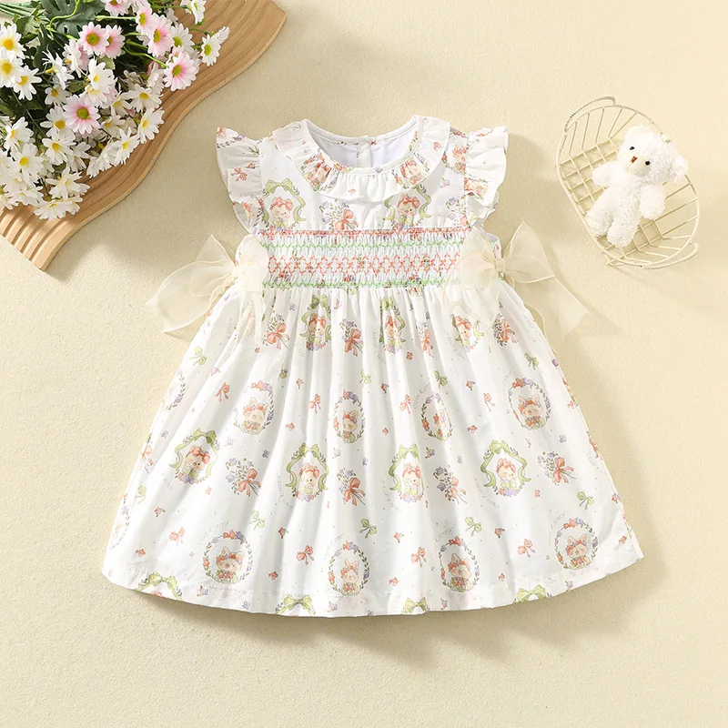 

Korean Summer Baby Girls Floral Print Smocked Dress Cute Cotton Lightweight Princess Gown Toddler Play Outfit with Ruffled Hem