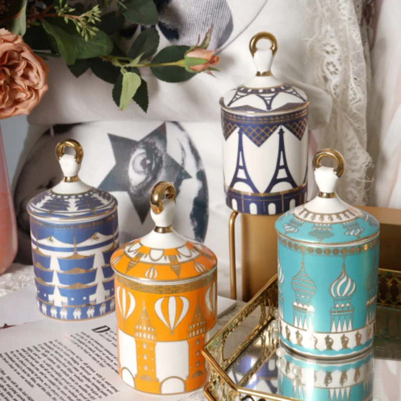 European Style Architecture Scented Candle Jar Vintage Ceramic Candy Jar Multifunctional Jewelry Storage Bottle Home Decoration