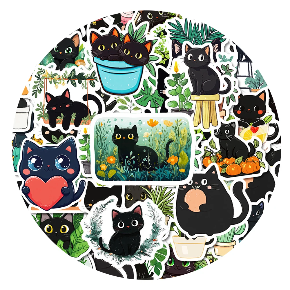 

10/30/50pcs Kawaii Green Plant Potted Black Cat Stickers Funny Cute Cartoon Kitten Decals DIY Laptop Luggage Phone Sticker Pack