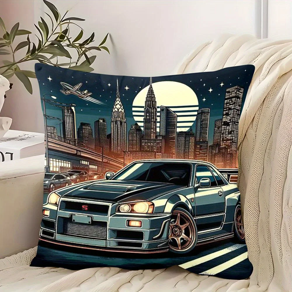 Urban Night Racing Graphic Pillow Cover  Square Polyester Cushion Case Zipper Washable – Abstract Tuned Sedan & Stylized Skyline